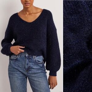 Boden Sparkle Sweater Ribbed Fluffy V-Neck Pullover Navy Chunky Oversized 14 NWT